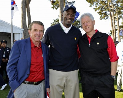 Commissioner Tim Finchem, Michael Jordan & former President Bill Clinton pose on the range during practice for The Presidents Cup at Harding Park Golf Club on October 6, 2009 in San Francisco, California.